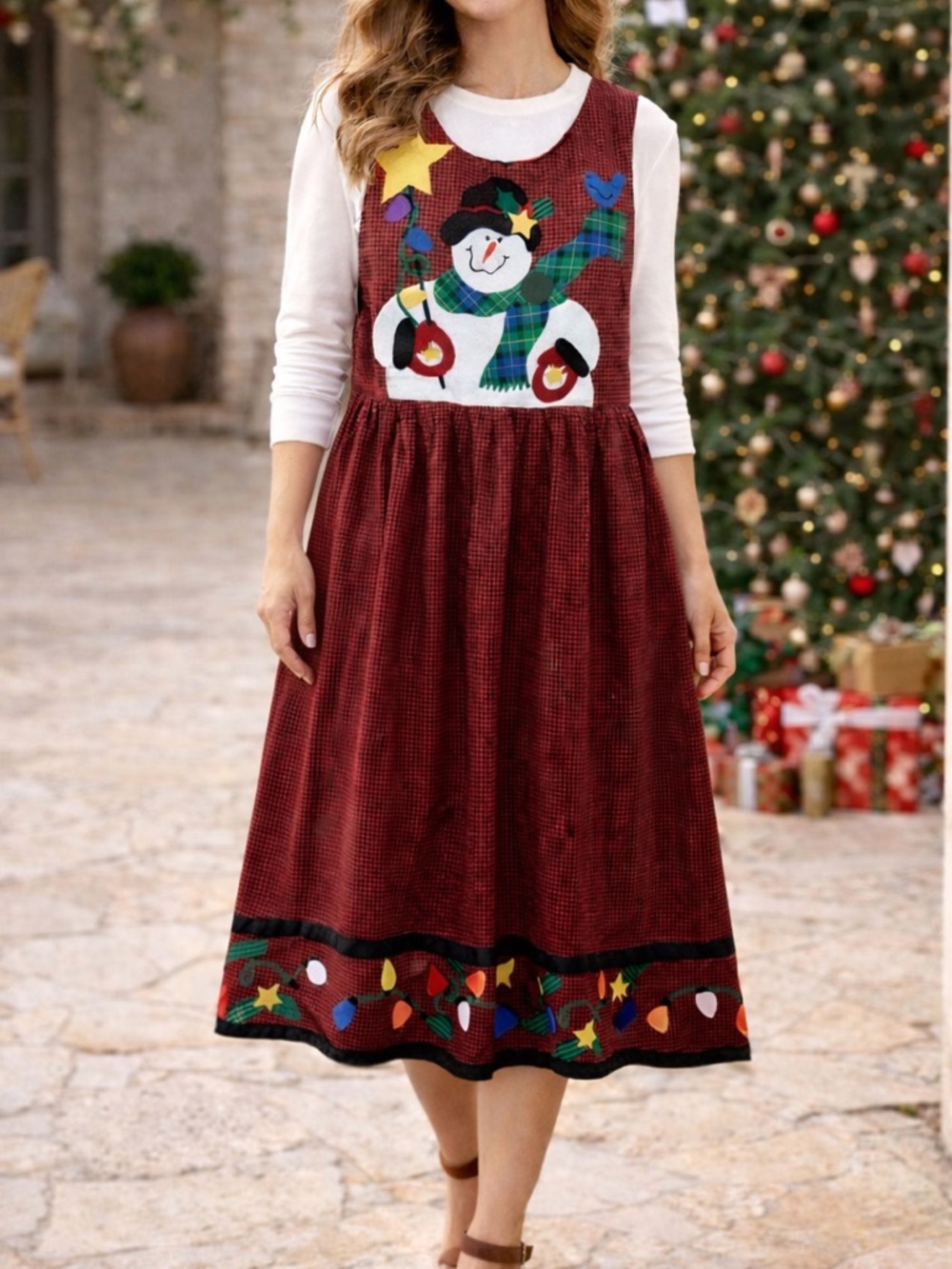 Vintage Handmade Womens Jumper Dress Christmas Snowman JOY Lights Reversible M/L